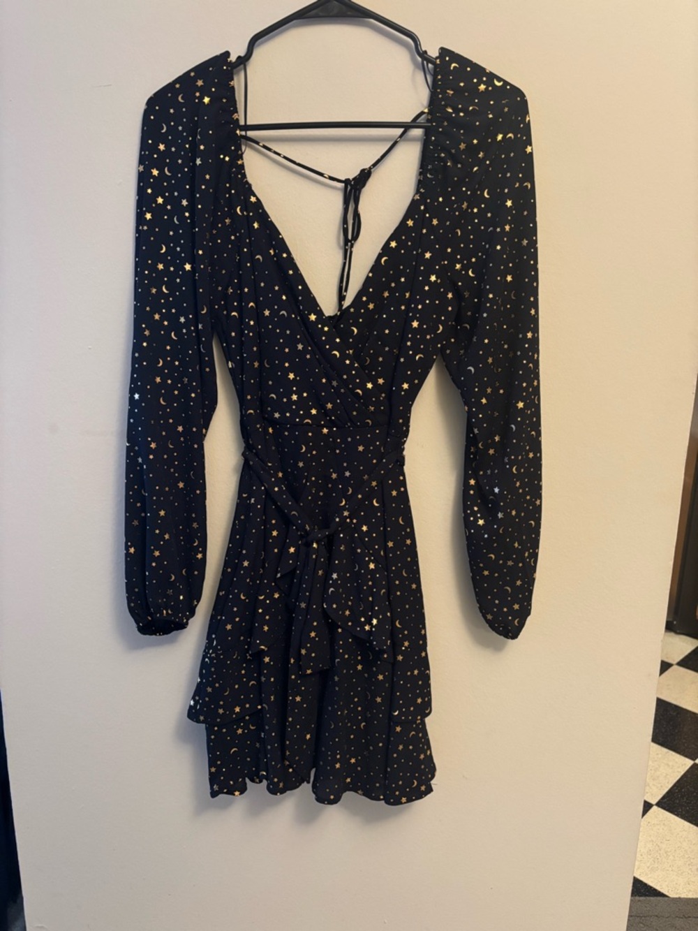 Francesca's Collections Black Dress with Gold Star & Moon Print